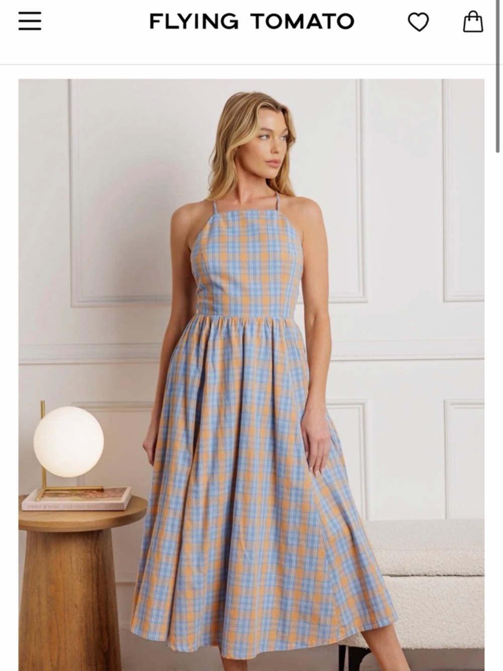 Flying Tomato Blue and Peach Plaid Halter Midi Dress